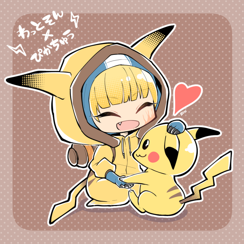 1girl ^_^ apex_legends backpack bag bangs blue_gloves blue_headwear bungaw chibi closed_eyes crossover eyebrows_visible_through_hair fang gen_1_pokemon gloves heart holding_hands open_mouth petting pikachu pikachu_costume pikachu_hood pokemon trait_connection wattson_(apex_legends)