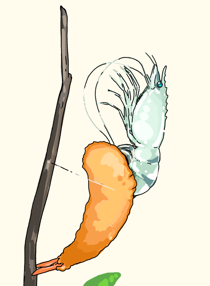 akai_sashimi animal animal_focus beige_background chrysalis_(butterfly) food from_side leaf no_humans original shrimp shrimp_tempura simple_background stick tempura