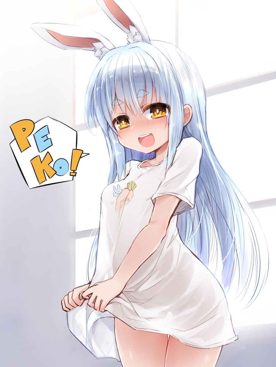 1girl :d alternate_costume alternate_hairstyle animal_ear_fluff animal_ears blue_hair blush bottomless breasts brown_eyes bunny-shaped_pupils catchphrase highres hololive long_hair looking_at_viewer naked_shirt open_mouth rabbit_ears round_teeth sasamashin shirt shirt_tug short_sleeves small_breasts smile solo t-shirt teeth thick_eyebrows upper_teeth usada_pekora very_long_hair virtual_youtuber white_shirt window