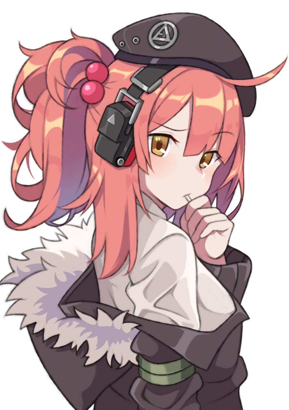 1girl beret blush candy commission food fur_trim girls_frontline hat headset highres jjuwaap lollipop medium_hair mp7_(girls_frontline) off_shoulder ponytail redhead solo yellow_eyes