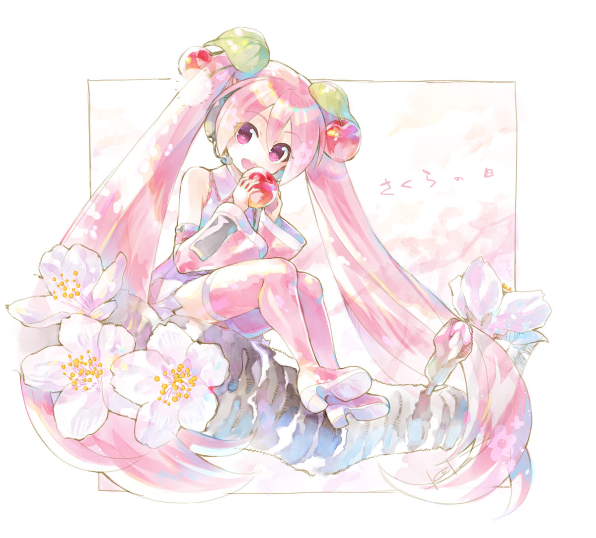 1girl absurdly_long_hair apple_hair_ornament bare_shoulders boots branch cherry_blossoms commentary detached_sleeves eating flower food food_themed_hair_ornament fruit hair_ornament hatsune_miku headphones headset holding holding_food holding_fruit kei_(keigarou) leaf long_hair looking_at_viewer miniskirt open_mouth pink_eyes pink_flower pink_legwear pink_sleeves shirt sitting sitting_on_branch skirt sleeveless sleeveless_shirt smile solo thigh-highs thigh_boots twintails very_long_hair vocaloid white_shirt zettai_ryouiki