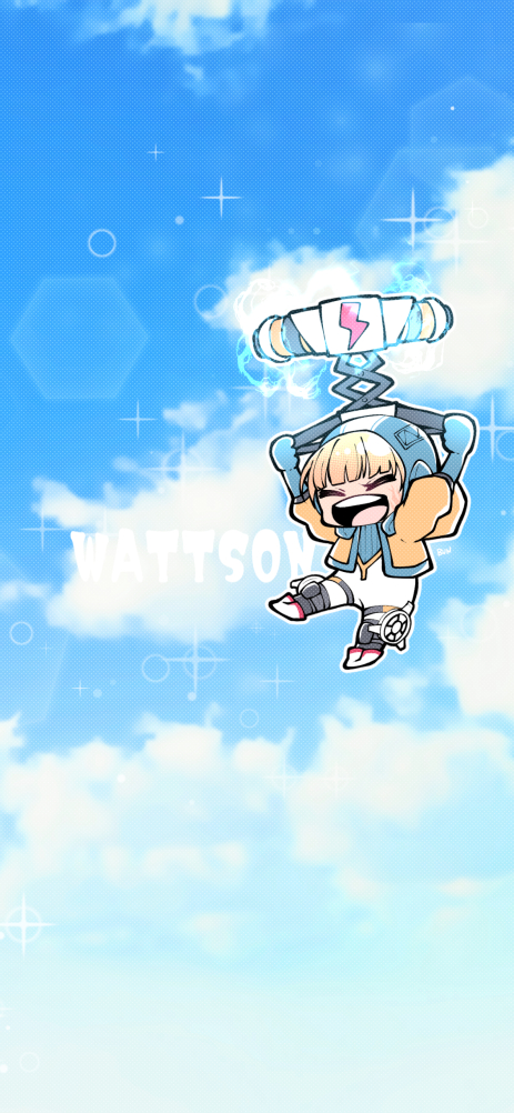 1girl ^_^ apex_legends blue_bodysuit blue_headwear blush bodysuit bungaw character_name chibi closed_eyes clouds electricity floating hood lens_flare open_mouth ribbed_bodysuit scenery sky smile solo wattson_(apex_legends) white_bodysuit