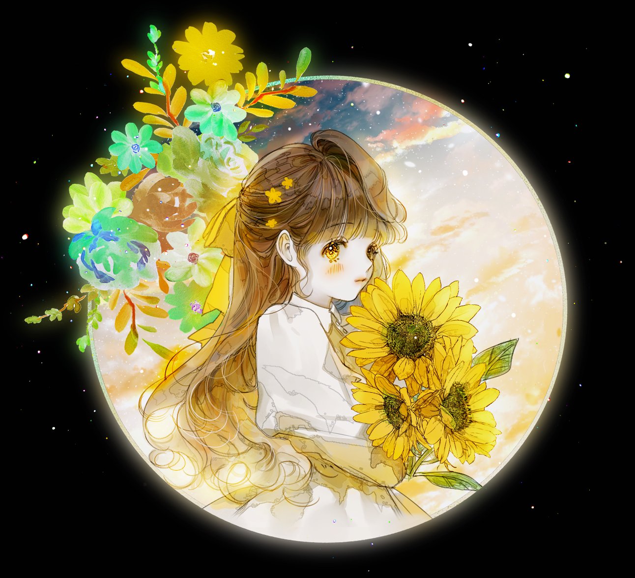 1girl bangs brown_hair circle death_mogi dress eyebrows_visible_through_hair flower green_flower holding holding_flower leaf long_hair long_sleeves looking_at_viewer original solo upper_body white_dress yellow_eyes yellow_flower