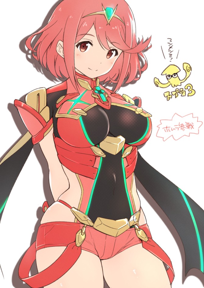 1girl arms_behind_back bangs blush breasts brown_eyes closed_mouth commentary_request cowboy_shot eyebrows_visible_through_hair kiikii_(kitsukedokoro) large_breasts number pyra_(xenoblade) redhead silhouette smile solo swept_bangs tiara translation_request white_background xenoblade_chronicles_(series) xenoblade_chronicles_2