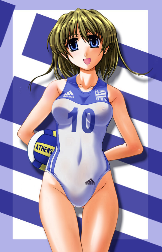 1girl :d abriel00 adidas arms_behind_back ball blonde_hair breasts cowboy_shot flag_background greece greek_flag gym_uniform holding holding_ball leotard looking_at_viewer medium_breasts open_mouth original short_hair smile sportswear volleyball volleyball_uniform