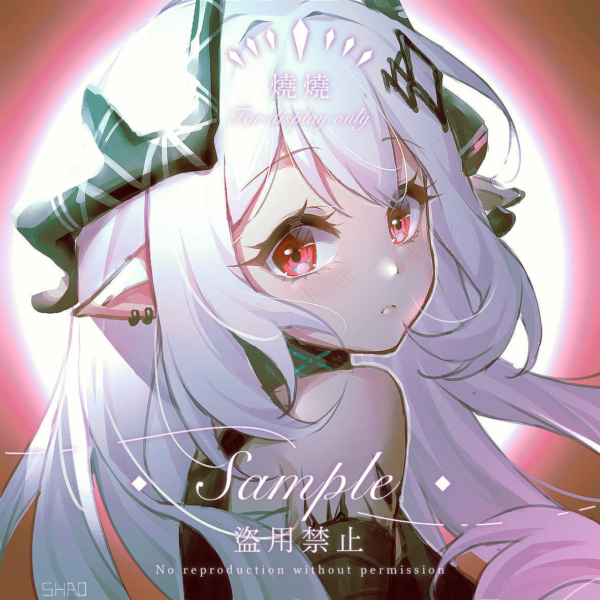 1girl arknights bangs bare_shoulders black_choker choker eyebrows_visible_through_hair horns infection_monitor_(arknights) long_hair mudrock_(arknights) oripathy_lesion_(arknights) pointy_ears red_eyes shao_(shaorouhong) silver_hair solo upper_body