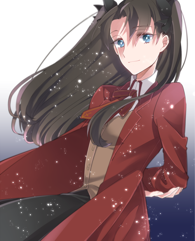 1girl black_hair blue_eyes coat fate/stay_night fate/unlimited_blade_works fate_(series) homurahara_academy_uniform long_hair red_coat ribbon school_uniform smile solo suzuko_(star8383) tohsaka_rin twintails two_side_up