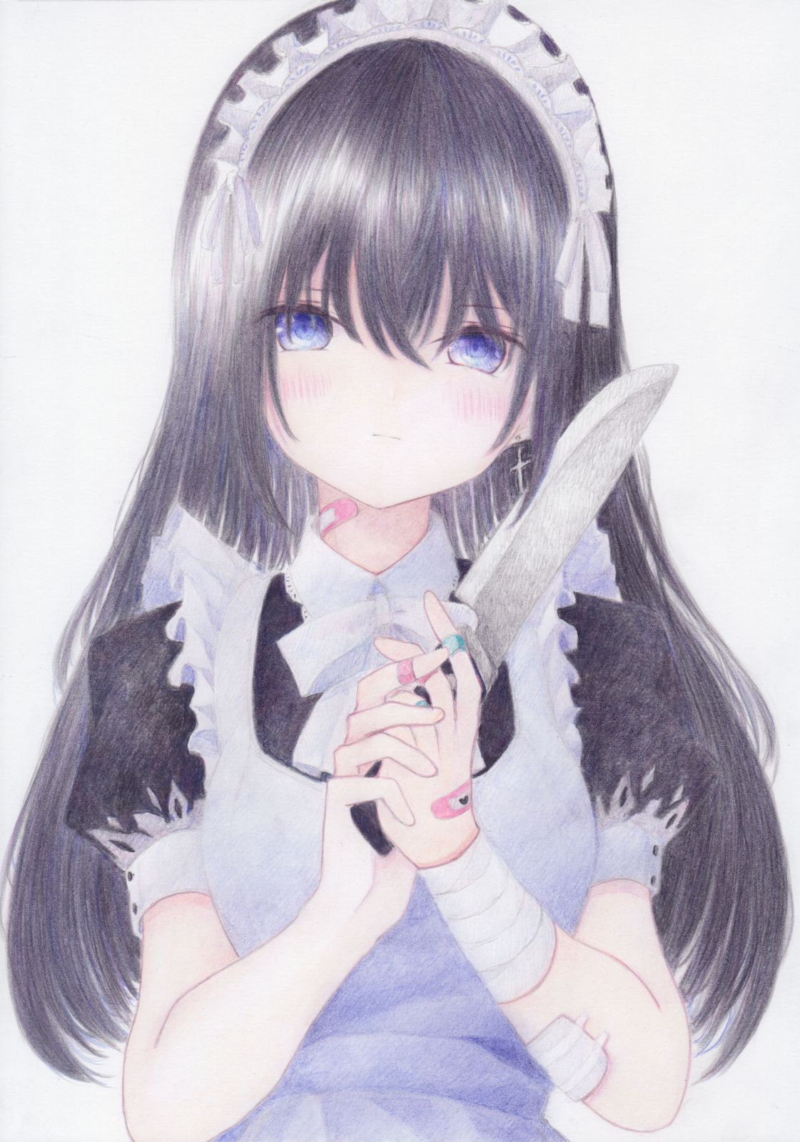 1girl apron bandaged_arm bandages bandaid bandaid_on_hand bandaid_on_neck bangs black_dress black_hair blue_eyes blush bow closed_mouth collared_shirt colored_pencil_(medium) commentary_request darkkanan dress eyebrows_visible_through_hair frilled_apron frills grey_background hair_between_eyes hands_up highres holding holding_knife knife long_hair maid maid_apron maid_headdress original puffy_short_sleeves puffy_sleeves shirt short_sleeves simple_background solo traditional_media upper_body very_long_hair white_apron white_bow