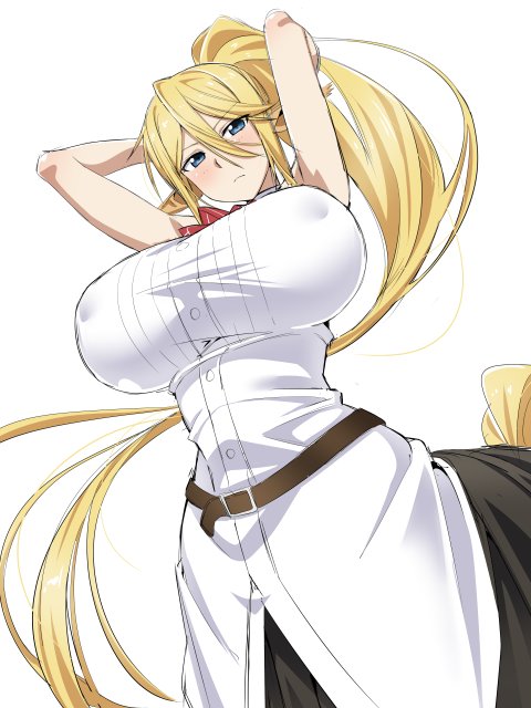 1girl animal_ears armpits arms_up bare_shoulders belt belt_buckle blonde_hair blue_eyes breasts buckle centaur centorea_shianus chikuishi closed_mouth commentary_request covered_nipples erect_nipples eyebrows eyebrows_visible_through_hair eyelashes hair_between_eyes horse_ears huge_breasts large_breasts light_blush long_hair looking_at_viewer monster_girl monster_musume_no_iru_nichijou ponytail red_neckwear shirt simple_background sleeveless sleeveless_shirt solo taur very_long_hair white_background