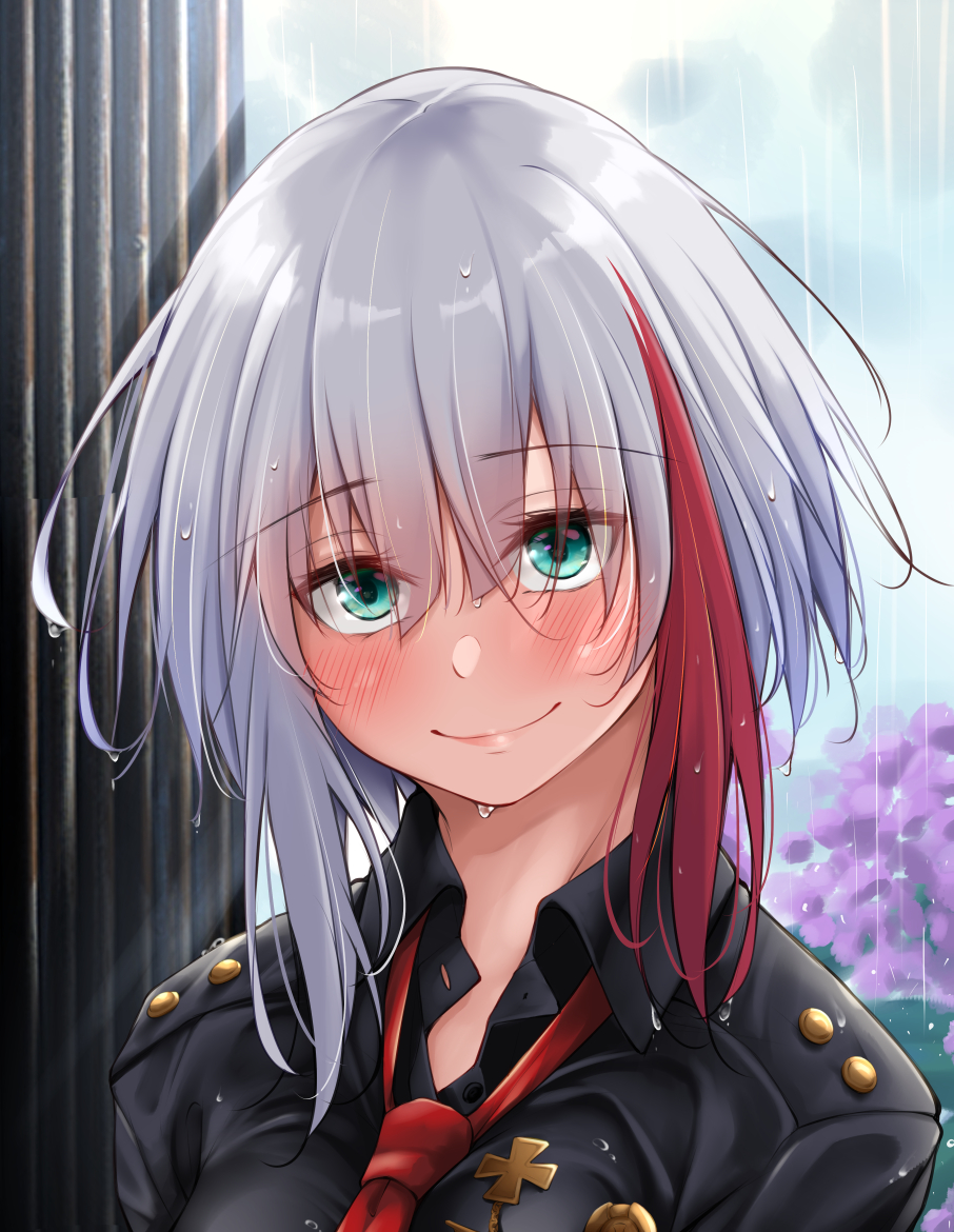 1girl admiral_graf_spee_(azur_lane) admiral_graf_spee_(maiden's_sunday)_(azur_lane) azur_lane black_dress blue_eyes blush collared_dress dress grey_hair hair_between_eyes iron_cross looking_at_viewer medium_hair multicolored_hair necktie oriue_wato outdoors rain red_neckwear redhead silver_hair smile solo streaked_hair upper_body water_drop wet wet_clothes wet_hair