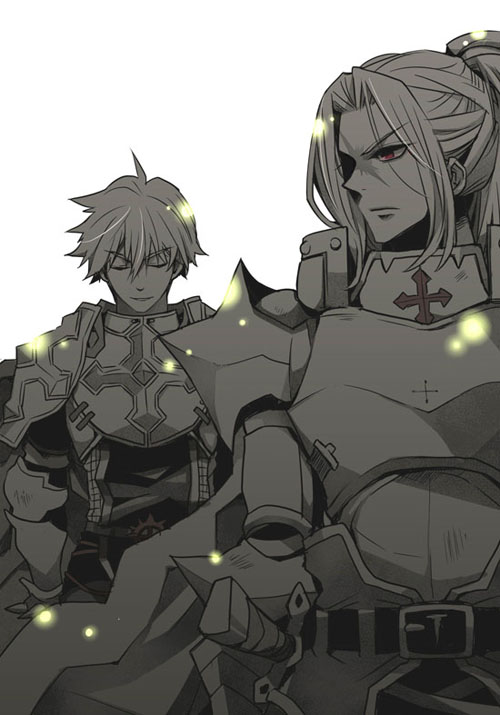 2boys armor bangs breastplate cape chainmail closed_mouth commentary_request cross eyebrows_visible_through_hair gauntlets greyscale hair_between_eyes high_ponytail leg_armor long_hair looking_at_another looking_back lord_knight_(ragnarok_online) male_focus monochrome multiple_boys paladin_(ragnarok_online) parted_bangs partially_colored pauldrons ragnarok_online randel_lawrence red_eyes scabbard scar scar_on_face seyren_windsor sheath short_hair shoulder_armor spiked_gauntlets sptbird tabard upper_body