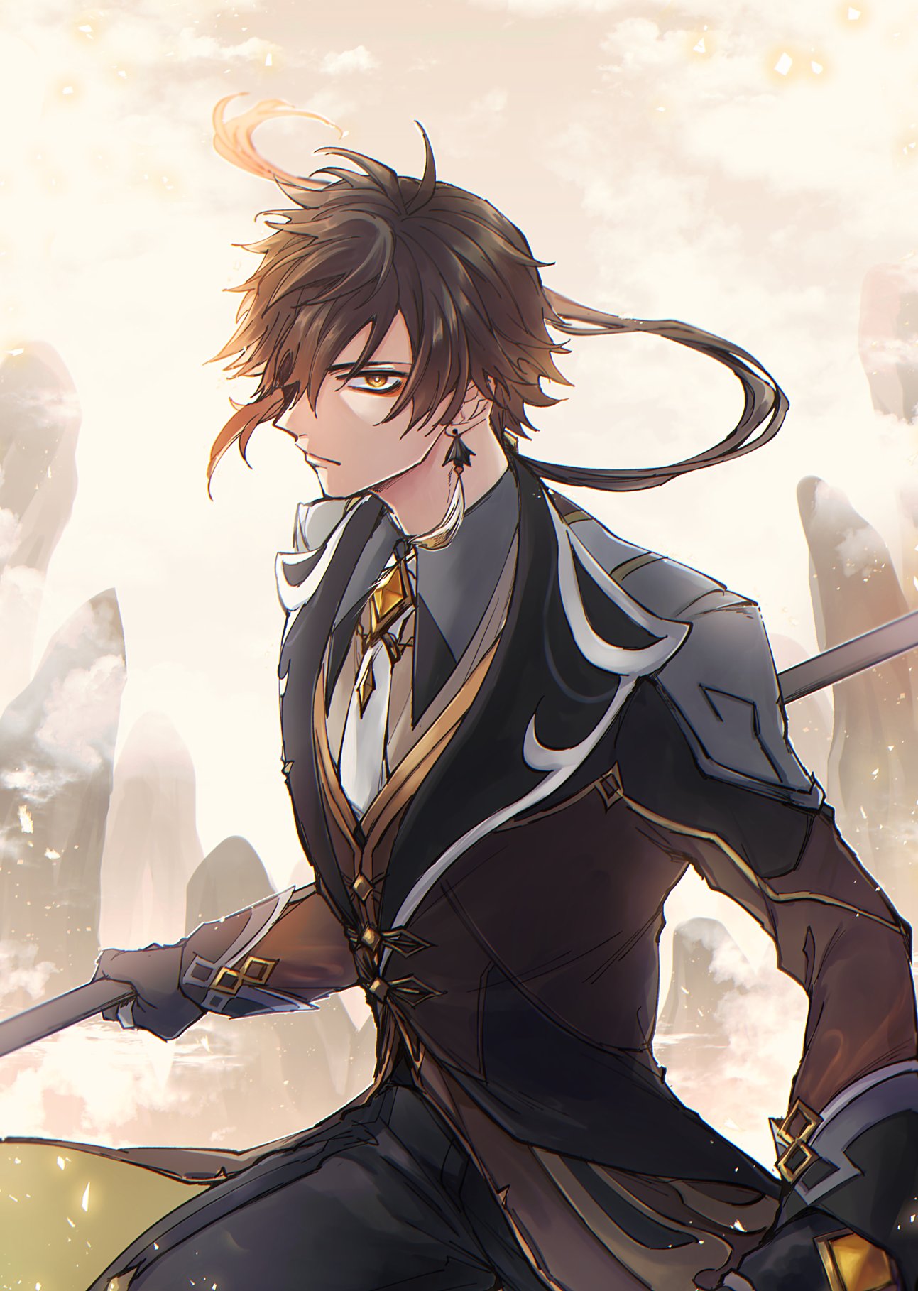 1boy bangs black_gloves black_hair brown_hair closed_mouth collared_shirt earrings eyeliner formal genshin_impact gloves gradient_hair hair_between_eyes hair_over_one_eye highres holding holding_spear holding_weapon jacket jewelry long_hair long_sleeves looking_at_viewer makeup male_focus mountainous_horizon multicolored_hair necktie one_eye_covered orange_hair polearm ponytail shi_gnsn shirt single_earring solo spear suit tassel tassel_earrings thumb_ring weapon yellow_eyes zhongli_(genshin_impact)