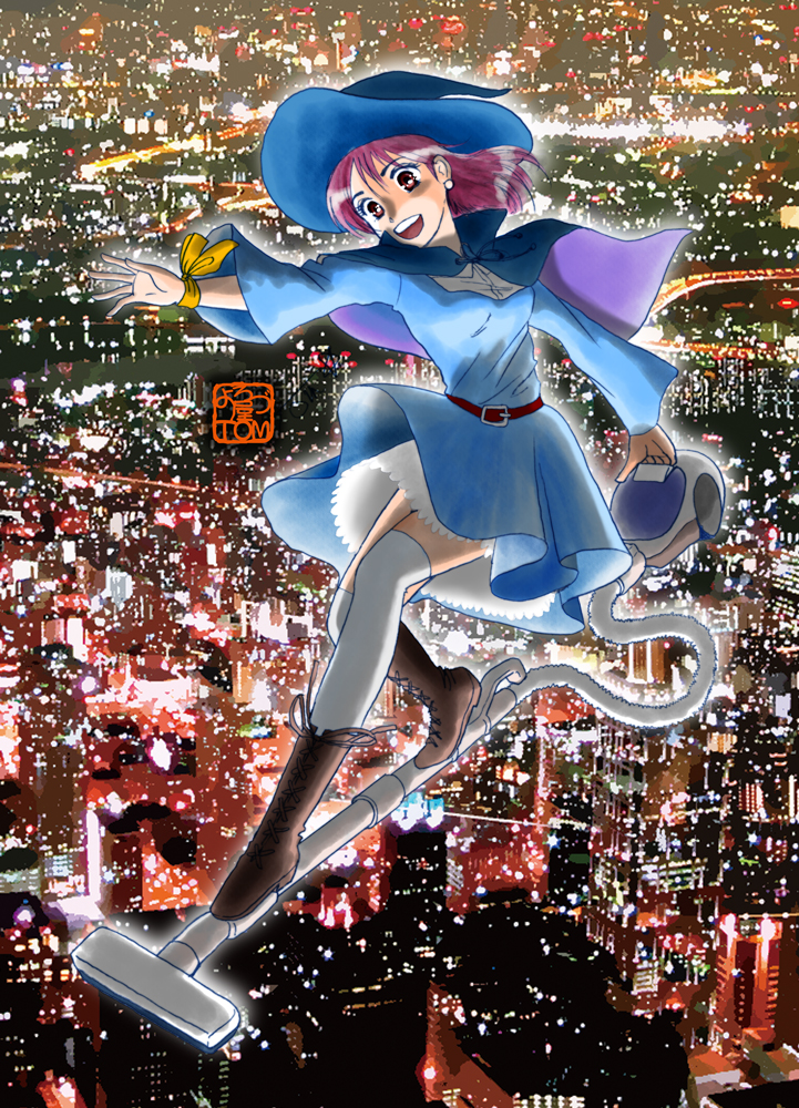 1girl belt blue_dress blue_headwear boots breasts brown_footwear capelet chutohampa dress earrings flying hat jewelry long_hair long_sleeves medium_breasts open_mouth original purple_hair smile solo thigh-highs vacuum_cleaner white_legwear witch_hat