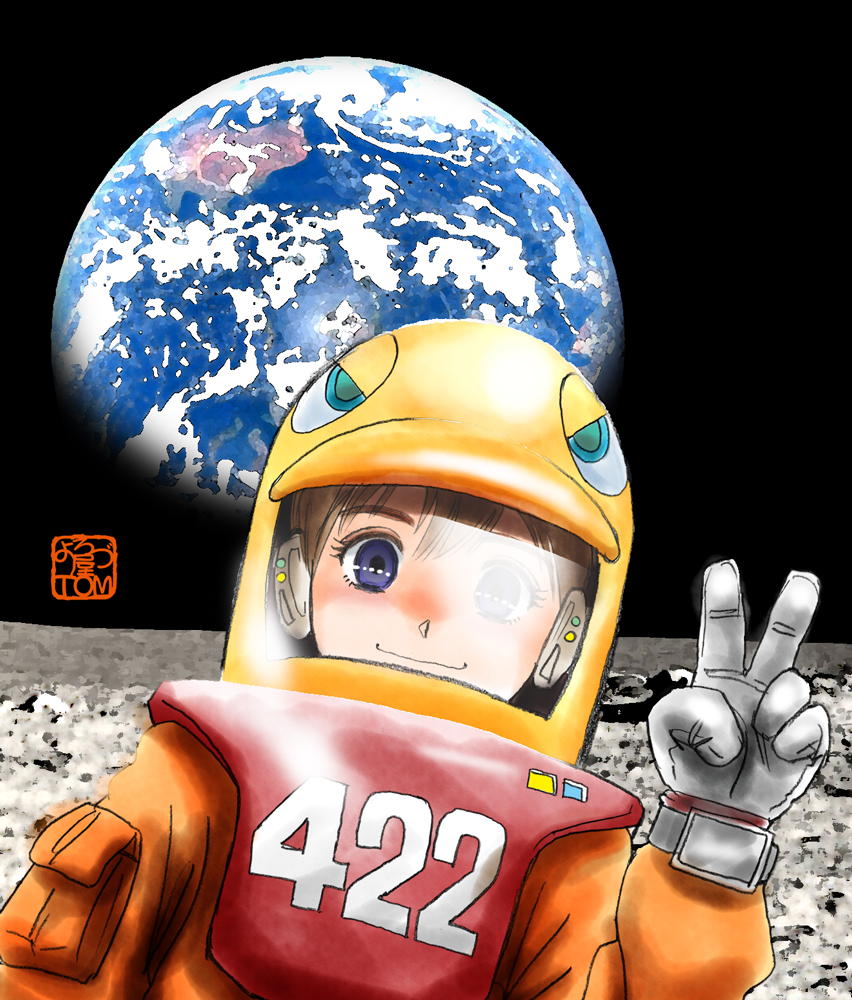 1girl bangs black_sky blue_eyes brown_hair chutohampa earth_(planet) looking_at_viewer on_moon original planet smile solo spacesuit v