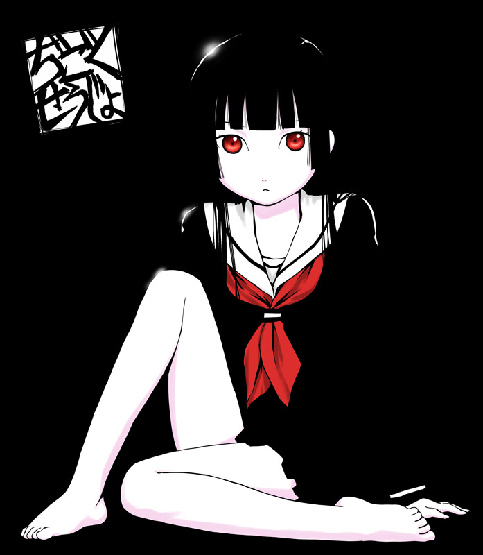 1girl barefoot black_hair black_serafuku black_skirt enma_ai feet hime_cut jigoku_shoujo long_hair looking_at_viewer red_eyes school_uniform serafuku simple_background skirt solo ueyama_michirou