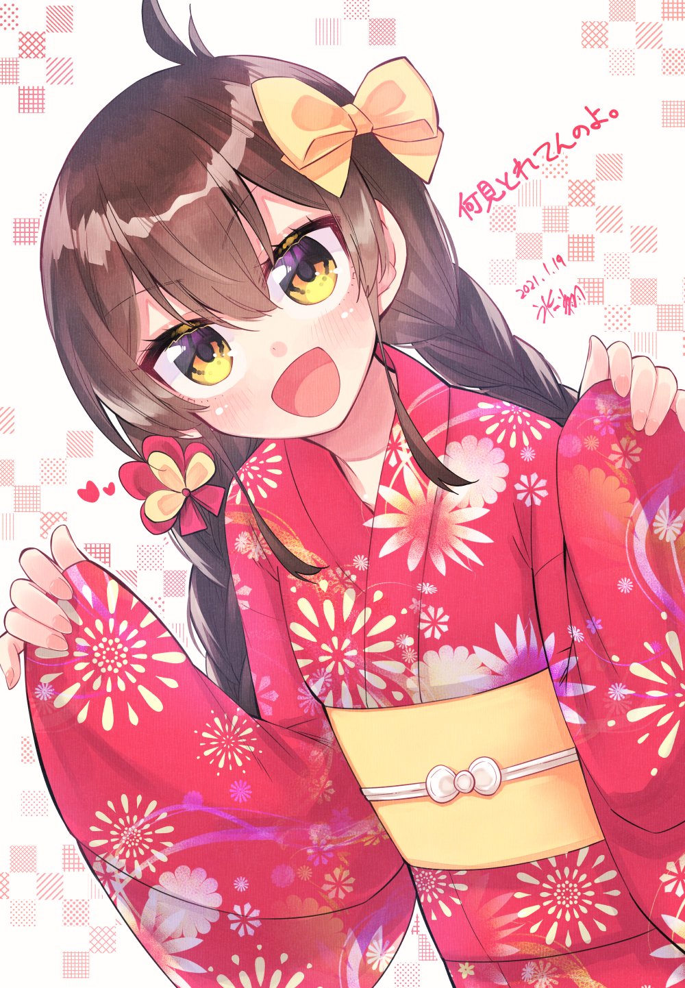 1girl :d bangs blush bow braid brown_hair checkered checkered_background dutch_angle eyelashes furisode hair_between_eyes hair_bow highres hikawa_shou idolmaster idolmaster_cinderella_girls japanese_clothes kimono leaning_to_the_side long_hair looking_at_viewer low_twin_braids low_twintails matoba_risa obi obijime open_mouth red_kimono sash sleeve_hold smile solo twin_braids twintails upper_body v-shaped_eyebrows yellow_eyes