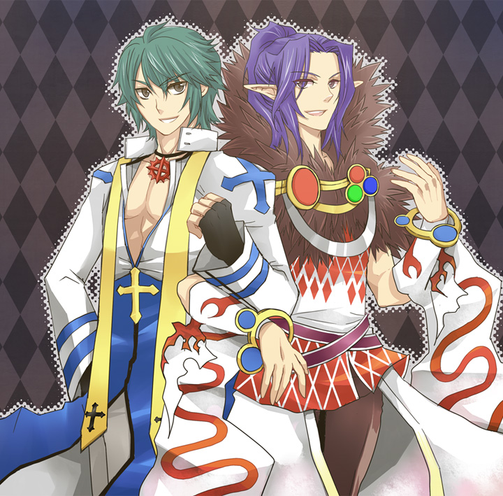 2boys archbishop_(ragnarok_online) argyle argyle_background argyle_shirt bang bangle bangs black_gloves blue_coat bracelet brown_eyes brown_pants coat commentary_request cowboy_shot cross detached_sleeves eyebrows_visible_through_hair eyes_visible_through_hair finger_gun fingerless_gloves fur_collar gloves green_hair grey_background grin hair_between_eyes high_ponytail jewelry locked_arms looking_at_viewer male_focus medium_hair multiple_boys necklace open_clothes open_coat open_mouth pants pointy_ears purple_hair ragnarok_online shirt short_hair smile sorcerer_(ragnarok_online) sptbird two-tone_coat violet_eyes white_coat white_pants white_shirt white_sleeves