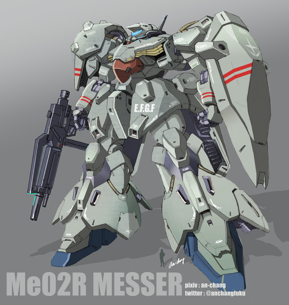an-chang artist_name beam_rifle character_name energy_gun grey_background gun gundam gundam_hathaway's_flash holding holding_gun holding_shield holding_weapon mecha messer_(mobile_suit) mobile_suit science_fiction shield silhouette size_comparison solo_focus standing visor weapon