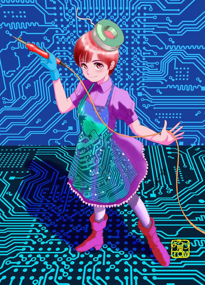 1girl apron aqua_gloves brown_hair chutohampa circuit_board dress full_body gloves hands_up hat holding looking_at_viewer original print_apron purple_dress purple_footwear red_eyes shoes short_hair short_sleeves single_glove smile soldering_iron solo standing