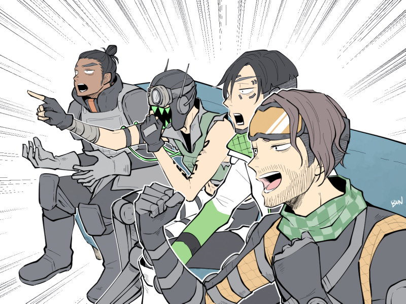 4boys apex_legends armor black_eyes black_gloves black_hair black_headwear bungaw clenched_hands cropped_vest crypto_(apex_legends) dark_skin dark_skinned_male emphasis_lines facial_hair fingerless_gloves gaijin_4koma gibraltar_(apex_legends) gloves goggles green_sleeves green_vest grey_gloves hair_bun jacket male_focus mask meme mirage_(apex_legends) mouth_mask multiple_boys octane_(apex_legends) pointing sanpaku sitting stubble vest white_jacket