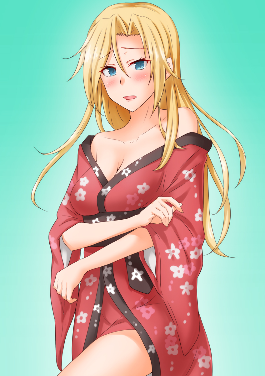 1girl alternate_costume anti_(untea9) aqua_background blonde_hair breasts commentary_request cowboy_shot floral_print gradient gradient_background grey_eyes hair_intakes highres hornet_(kancolle) japanese_clothes kantai_collection kimono large_breasts long_hair looking_at_viewer off-shoulder_kimono red_kimono solo standing