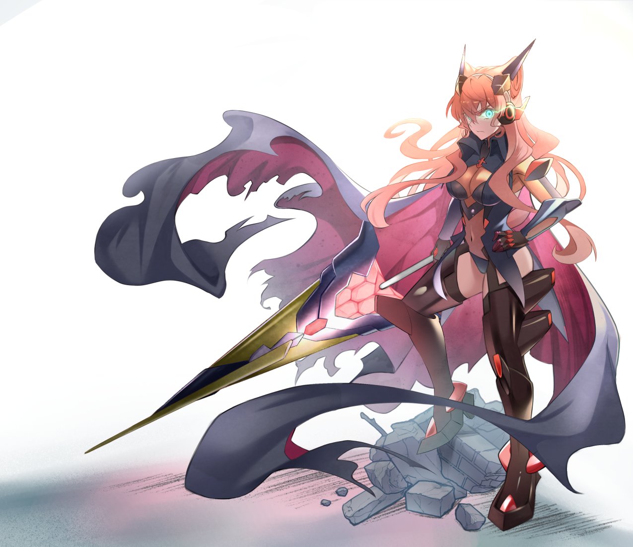 1girl aqua_eyes boots cape covered_navel glowing glowing_eyes lance long_hair maria_cadenzavna_eve pink_hair polearm senki_zesshou_symphogear serious thigh-highs thigh_boots ueyasu weapon