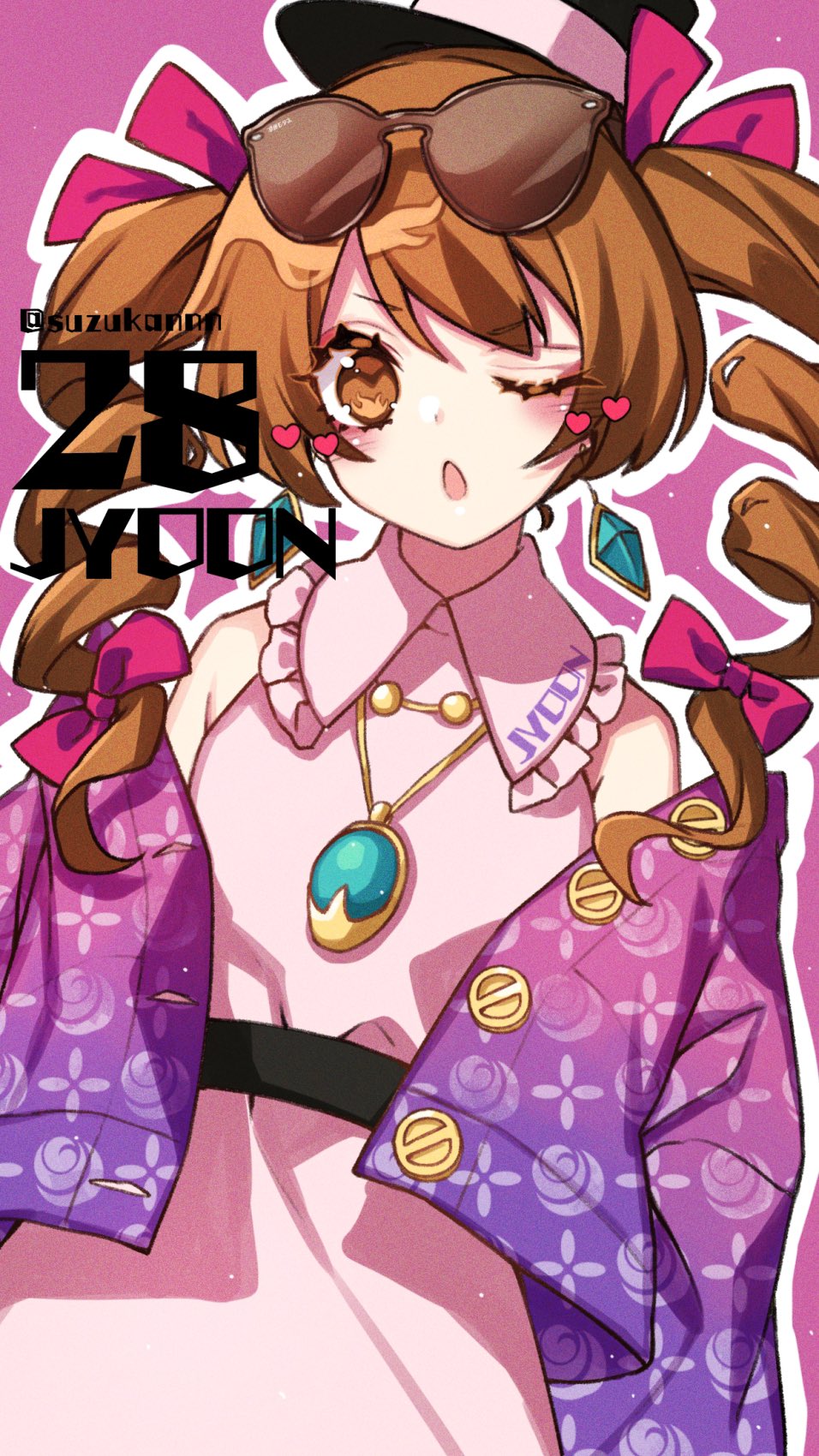 1girl bangs belt black_belt black_headwear bow brown_eyes brown_hair character_name coat cowboy_shot dress drill_hair earrings eyebrows_visible_through_hair eyewear_on_head hair_bow hat highres jewelry kyouda_suzuka long_hair looking_at_viewer one_eye_closed open_mouth outline pendant pink_background pink_bow pink_dress purple_coat simple_background sleeveless sleeveless_dress solo standing sunglasses symbol-shaped_pupils top_hat touhou twin_drills twitter_username white_outline yorigami_jo'on