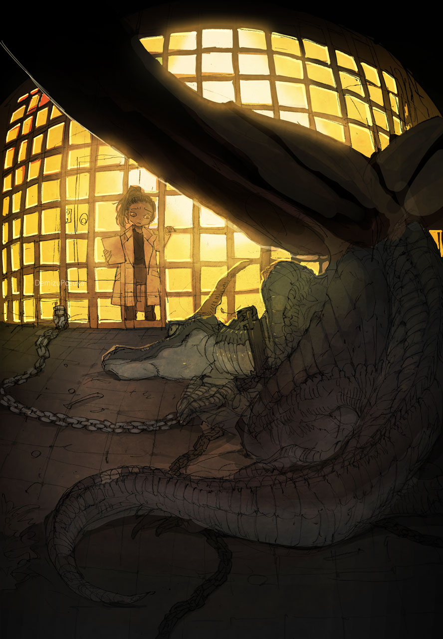 1girl backlighting bars black_hair bone chain chained clipboard commentary dark dark_skin demizu_posuka door dragon eye_contact fisheye from_behind frown high_ponytail highres indoors labcoat looking_at_another lying original sketch