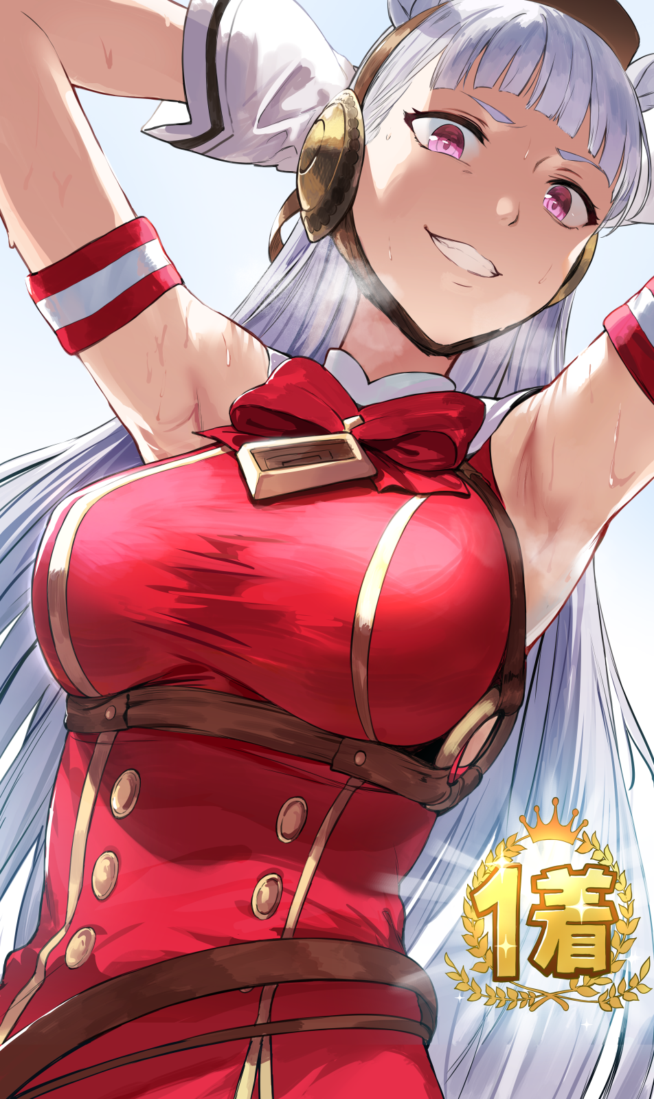1girl animal_ears arm_strap armpits arms_behind_head arms_up backlighting bangs belt blunt_bangs breasts buttons dress gloves gold_ship grin hat heavy_breathing hews highres horse_ears horse_girl large_breasts long_hair looking_at_viewer red_dress smile sweat umamusume violet_eyes white_gloves white_hair