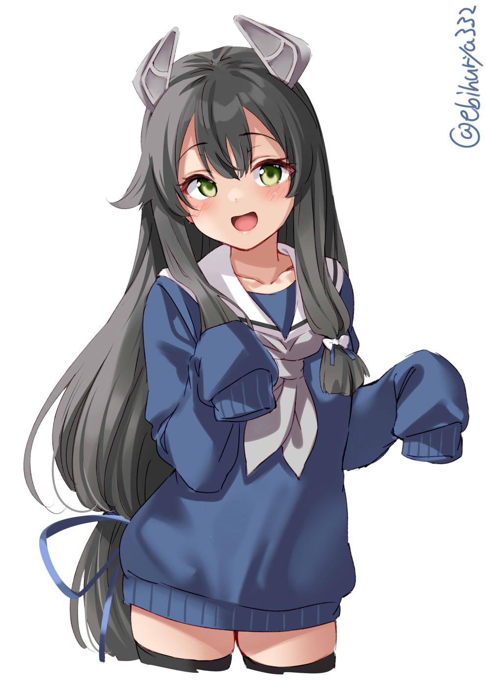 1girl :d black_hair black_legwear blush collarbone cropped_legs ebifurya eyebrows_visible_through_hair green_eyes grey_neckwear hair_between_eyes headgear highres i-47_(kancolle) kantai_collection long_hair low-tied_long_hair neckerchief open_mouth sailor_collar sidelocks simple_background sleeves_past_fingers sleeves_past_wrists smile solo thigh-highs twitter_username white_background white_sailor_collar