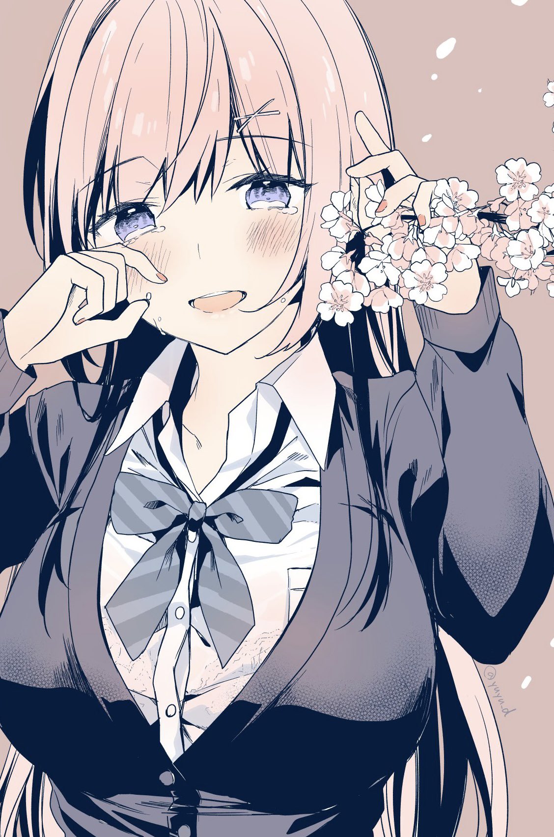 1girl black_jacket blazer blue_eyes blush bow cherry_blossoms collared_shirt crying crying_with_eyes_open flower hand_on_own_face highres jacket long_hair long_sleeves looking_at_viewer open_mouth original petals pink_hair school_uniform shirt simple_background solo tears uniform white_shirt yu_yu