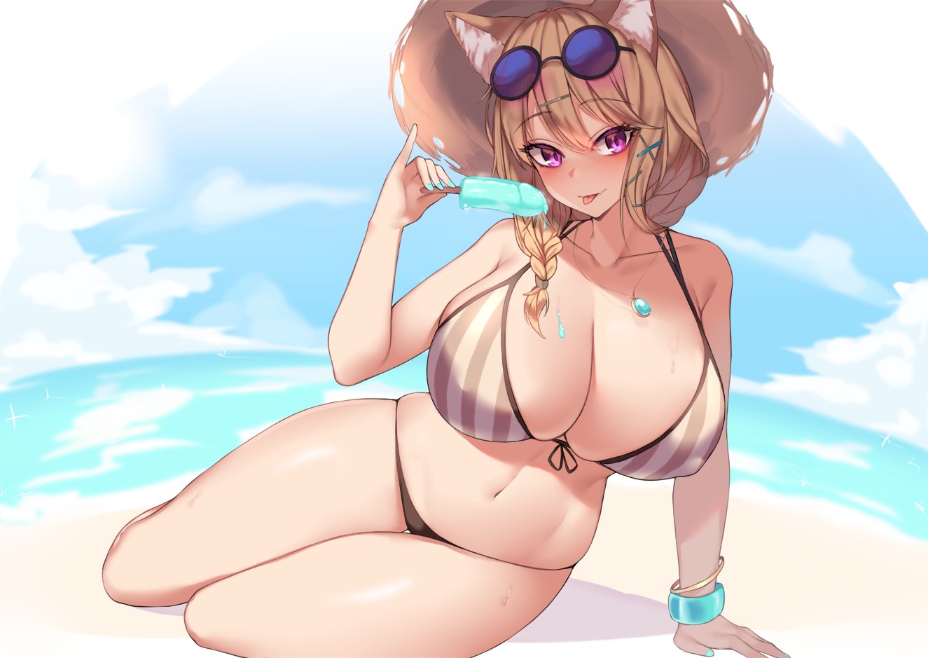 1girl animal_ear_fluff animal_ears arknights arm_support bare_shoulders bikini blue_sky breasts clouds cloudy_sky collarbone commentary day eyebrows_visible_through_hair eyelashes eyewear_on_head food hair_ornament hairclip hand_up hat holding holding_food jewelry kuavera long_hair looking_at_viewer melting nail_polish navel official_alternate_costume outdoors pinky_out popsicle round_eyewear skindentation sky solo striped sunglasses sweat swimsuit thigh_gap thighs tongue tongue_out utage_(arknights) utage_(summer_flowers)_(arknights) vertical-striped_bikini vertical_stripes violet_eyes x_hair_ornament