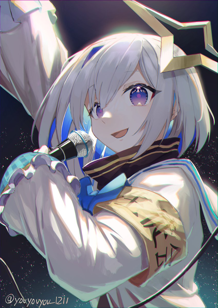 1girl :d amane_kanata angel angel_wings arm_up armband bangs blue_hair bob_cut colored_inner_hair gradient_eyes grey_jacket halo holding holding_microphone hololive jacket long_sleeves looking_at_viewer microphone multicolored multicolored_eyes multicolored_hair music open_mouth sailor_collar short_hair silver_hair singing single_hair_intake sleeve_cuffs smile solo star_halo turtleneck violet_eyes virtual_youtuber wings youyouyou_1211