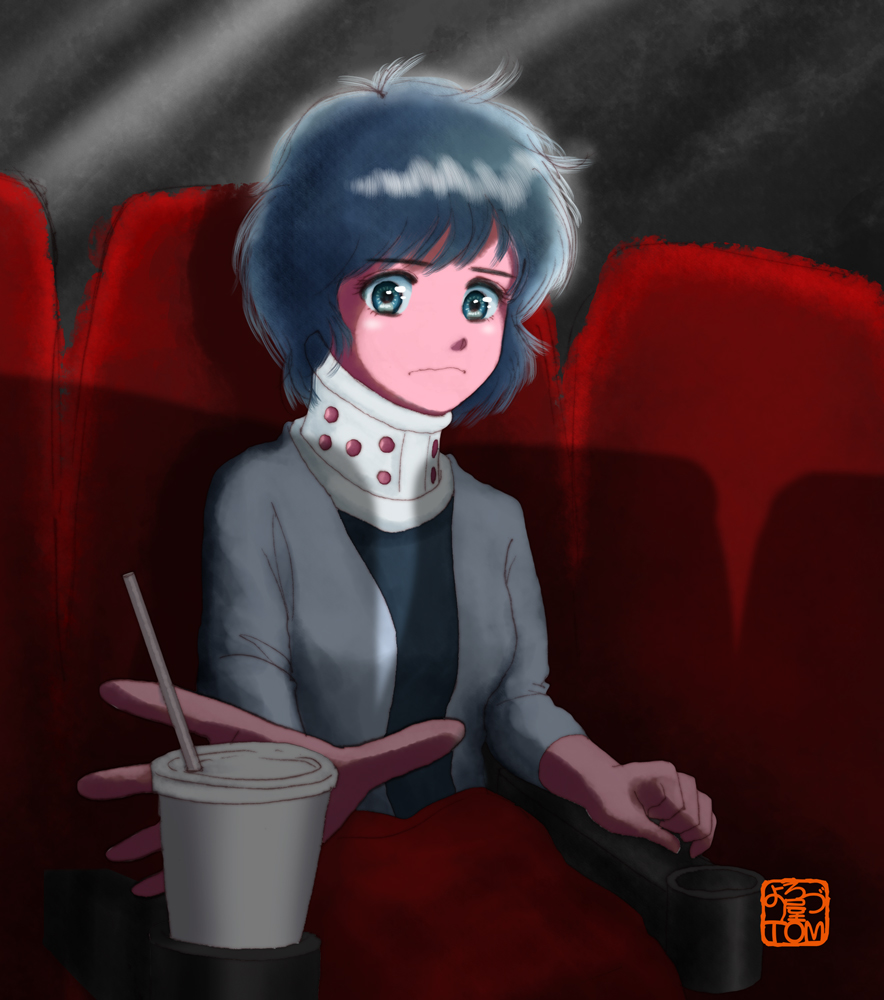 1girl aqua_eyes bangs black_hair black_shirt cardigan chutohampa cup drinking_straw grey_cardigan neck_brace original shirt short_hair sitting solo