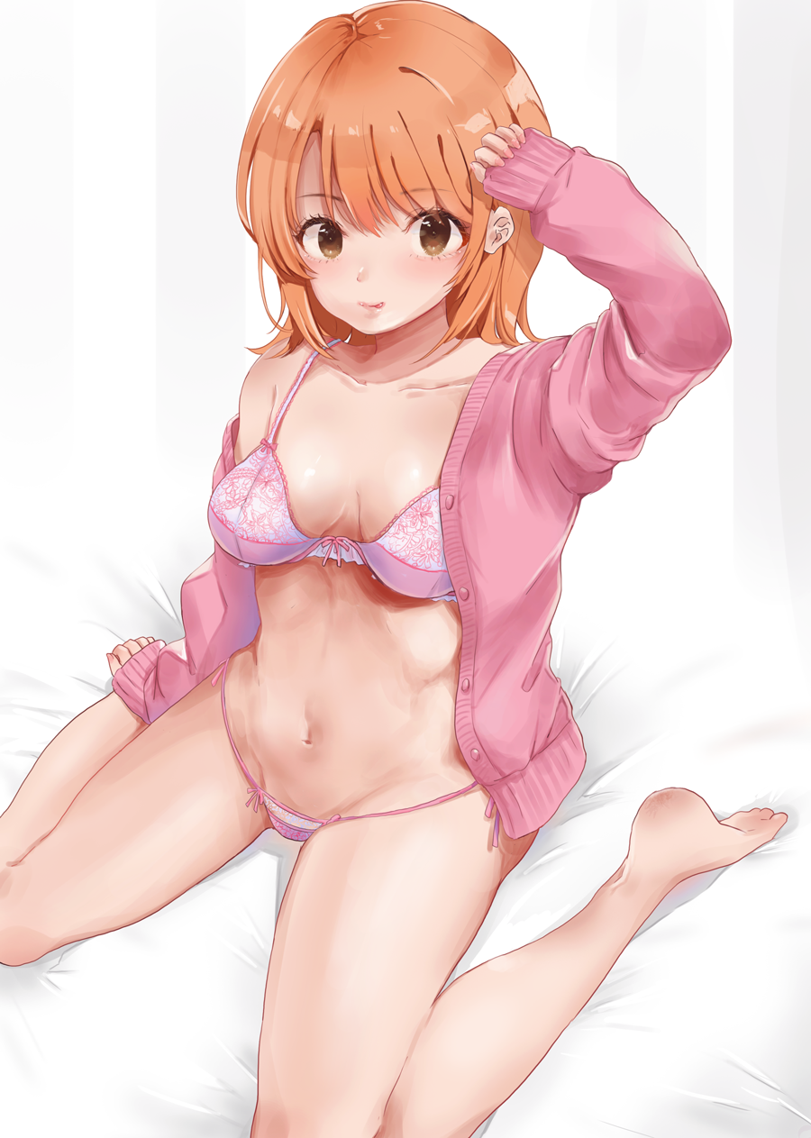 1girl :p bangs barefoot bow bow_bra bra breasts brown_eyes cardigan collarbone eyebrows_visible_through_hair hand_to_head highres isshiki_iroha long_hair long_sleeves looking_at_viewer medium_breasts navel open_cardigan open_clothes orange_hair panties pink_bra pink_cardigan pink_panties ricca sitting solo string_panties striped striped_background tongue tongue_out underwear wariza yahari_ore_no_seishun_lovecome_wa_machigatteiru.