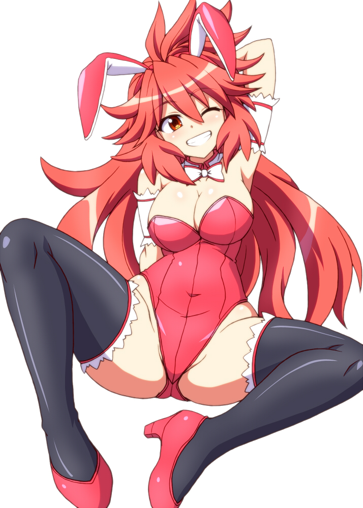 1girl amou_kanade animal_ears black_legwear bow bowtie breasts commentary_request detached_collar fake_animal_ears full_body grin invisible_chair large_breasts leotard long_hair looking_at_viewer one_eye_closed playboy_bunny rabbit_ears red_eyes red_footwear red_leotard redhead senki_zesshou_symphogear simple_background sitting smile strapless strapless_leotard thigh-highs white_background white_neckwear zetsumu