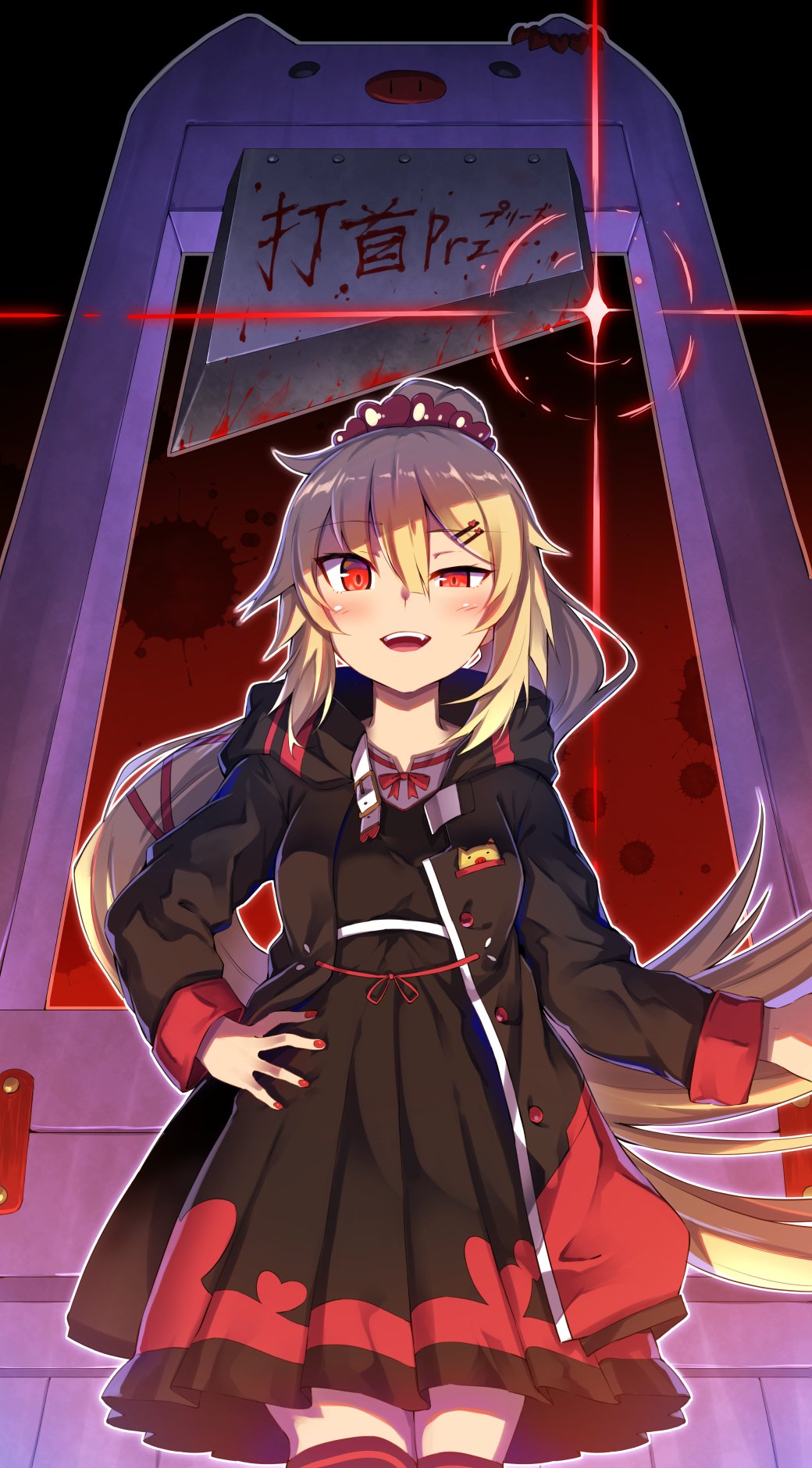 1girl akai_haato alternate_costume bangs blonde_hair blood blood_splatter blush dark_persona fang guillotine haaton_(akai_haato) hair_ornament hairclip hand_on_hip heart heart_hair_ornament highres hololive jacket long_hair looking_at_viewer nail_polish open_mouth ponytail red_eyes ronnie_l solo sparkle thigh-highs very_long_hair virtual_youtuber zettai_ryouiki