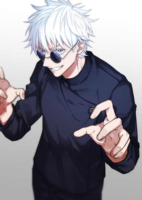 1boy bangs black_jacket black_pants blue_eyes cowboy_shot gakuran gojou_satoru gradient gradient_background grin hair_between_eyes hands_up jacket jujutsu_kaisen long_sleeves looking_at_viewer male_focus open_hands pants round_eyewear school_uniform short_hair smile solo sunglasses white_background white_hair yo_korasho