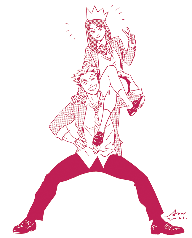 1boy 1girl ;d blazer bokuto_koutarou bow bowtie carrying closed_mouth crossed_legs crown facing_viewer full_body haikyuu!! hand_up happy jacket kneehighs long_hair long_sleeves looking_at_viewer necktie one_eye_closed open_clothes open_jacket open_mouth school_uniform shirofuku_yukie shirt shoes short_hair sitting_on_shoulder size_difference skirt smile socks spiky_hair spot_color standing temari_am v white_background