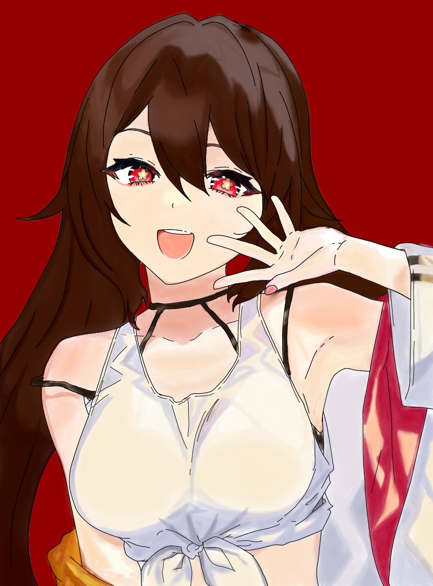 1girl :d arm_up armpits bare_shoulders breasts brown_hair cosplay crop_top derivative_work eienkey front-tie_top genshin_impact hair_between_eyes highres hoshikawa_sara hoshikawa_sara_(cosplay) hu_tao jacket long_hair long_sleeves looking_at_viewer medium_breasts midriff nijisanji off_shoulder open_clothes open_jacket open_mouth red_background red_eyes shirt simple_background sleeveless sleeveless_shirt smile solo star-shaped_pupils star_(symbol) symbol-shaped_pupils tank_top twintails upper_body white_jacket white_shirt
