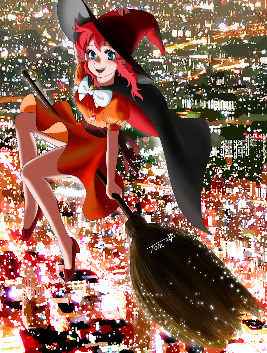 1girl aqua_eyes black_cape bow bowtie broom broom_riding cape chutohampa cityscape flying glint hat highres kanzaki_megu long_hair majokko_megu-chan open_mouth orange_skirt puffy_short_sleeves puffy_sleeves red_footwear red_headwear redhead shoes short_sleeves sidesaddle signature skirt smile solo white_neckwear witch witch_hat