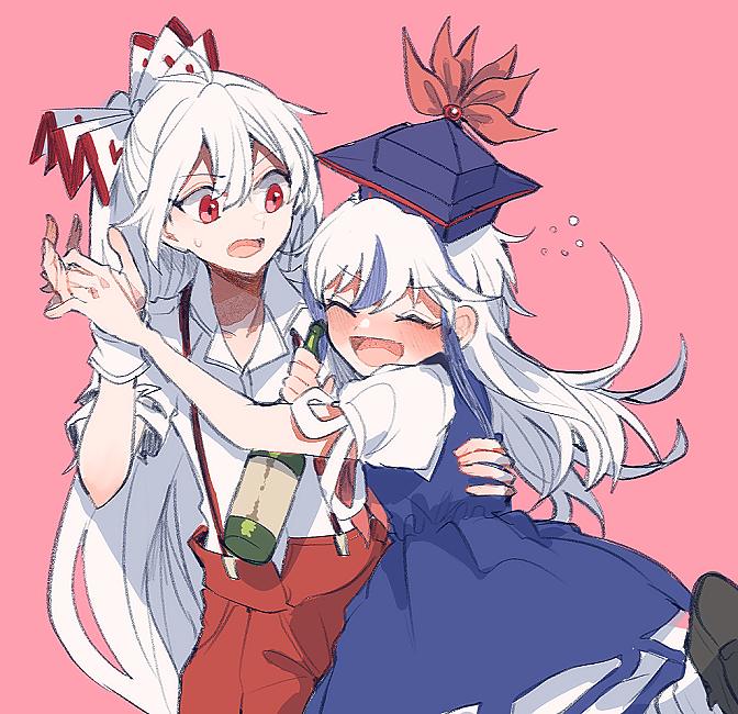 2girls ^_^ ^o^ blue_dress blue_hair blue_headwear blush bottle bow closed_eyes commentary_request dress drunk fujiwara_no_mokou hair_between_eyes hair_bow hat holding holding_bottle itomugi-kun kamishirasawa_keine long_hair multicolored_hair multiple_girls open_mouth pants pink_background red_bow red_eyes red_pants shirt short_sleeves simple_background smile suspenders sweatdrop torn_clothes torn_sleeves touhou two-tone_hair white_bow white_hair white_shirt wrist_cuffs |d