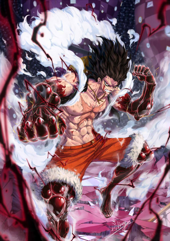 1boy abs alternate_form areolae bare_arms bare_shoulders barefoot black_hair blood broken_ground burn_scar clenched_hands clenched_teeth collarbone colored_skin energy fighting_stance fingernails fur_trim gear_fourth hands_up hat hat_on_back injury jian_liang long_hair looking_at_viewer making-of_available male_focus monkey_d_luffy multicolored multicolored_skin muscular muscular_male one_piece open_clothes open_vest orange_eyes outstretched_arm pectorals red_skin scar scar_on_chest scratches shorts signature solo standing steam stomach straw_hat teeth toenails toes vest