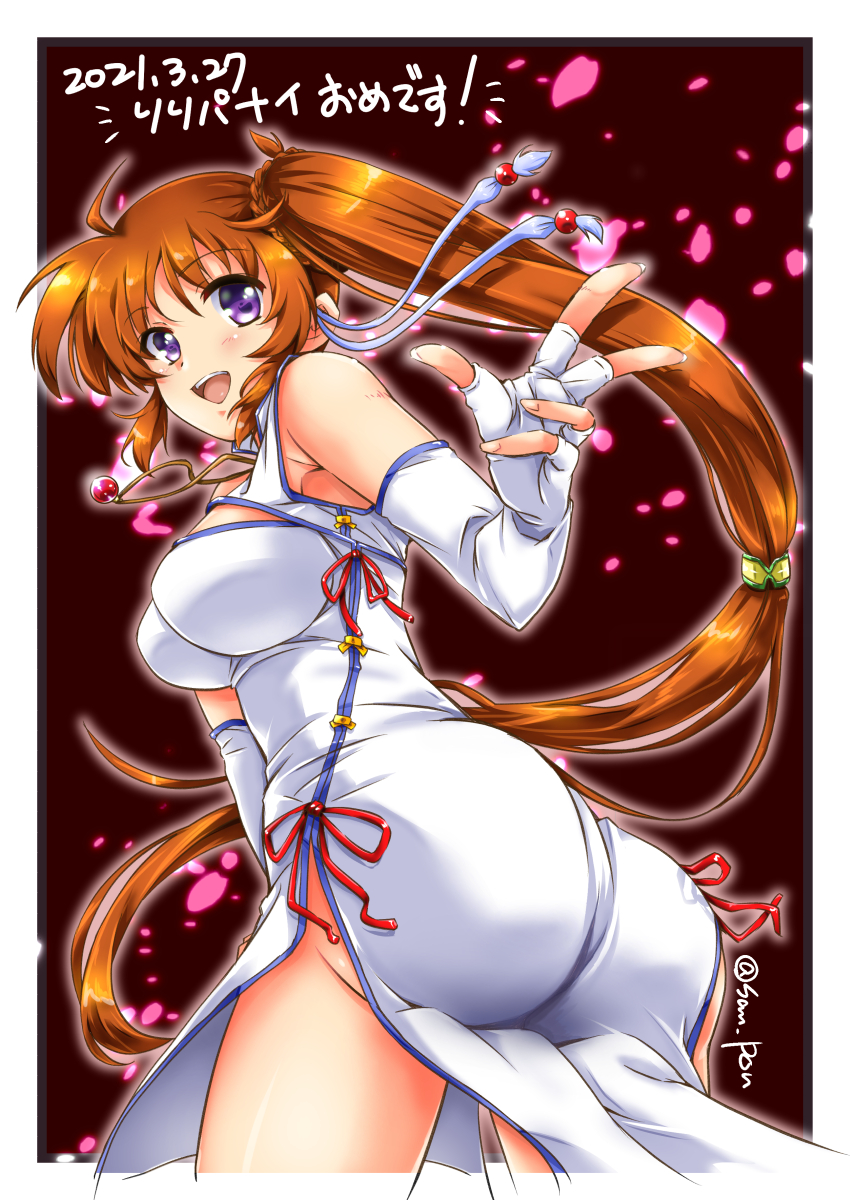 1girl ahoge artist_name ass bare_shoulders border breasts brown_hair china_dress chinese_clothes commentary_request dated dress elbow_gloves eyebrows_visible_through_hair fingerless_gloves gloves highres long_hair looking_at_viewer looking_back lyrical_nanoha medium_breasts no_panties open_mouth raising_heart san-pon side_ponytail sidelocks solo takamachi_nanoha very_long_hair violet_eyes white_dress