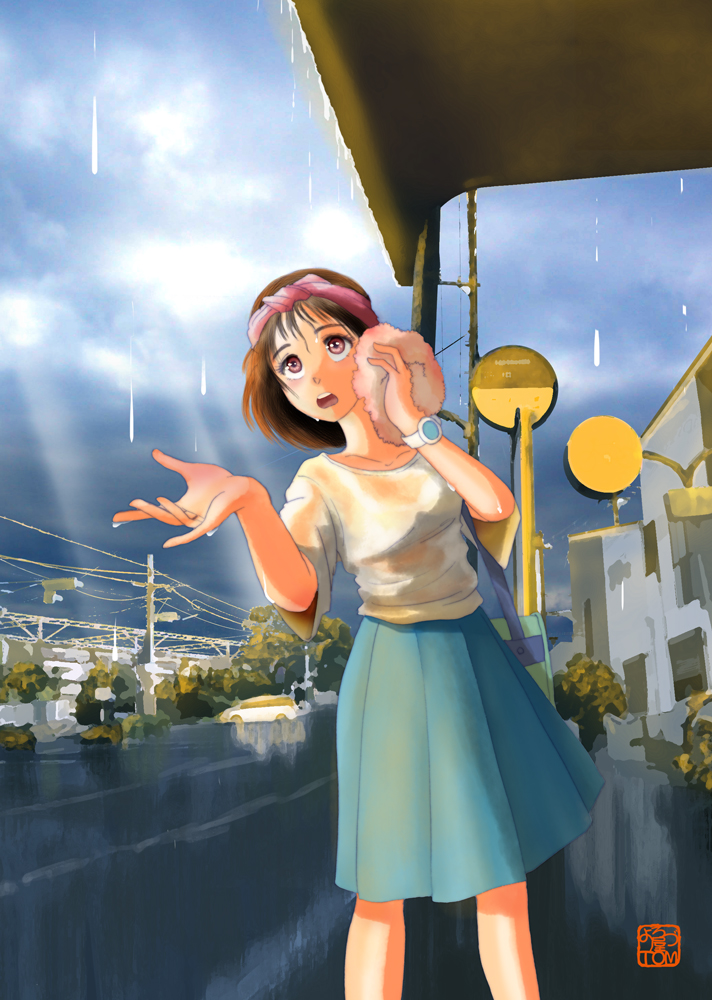 1girl blue_skirt brown_eyes brown_hair building chutohampa clouds cloudy_sky feet_out_of_frame hands_up long_hair open_mouth original outdoors pleated_skirt power_lines reflection shadow shirt sign skirt sky solo tree watch watch wet wet_clothes wet_shirt white_shirt wide_shot