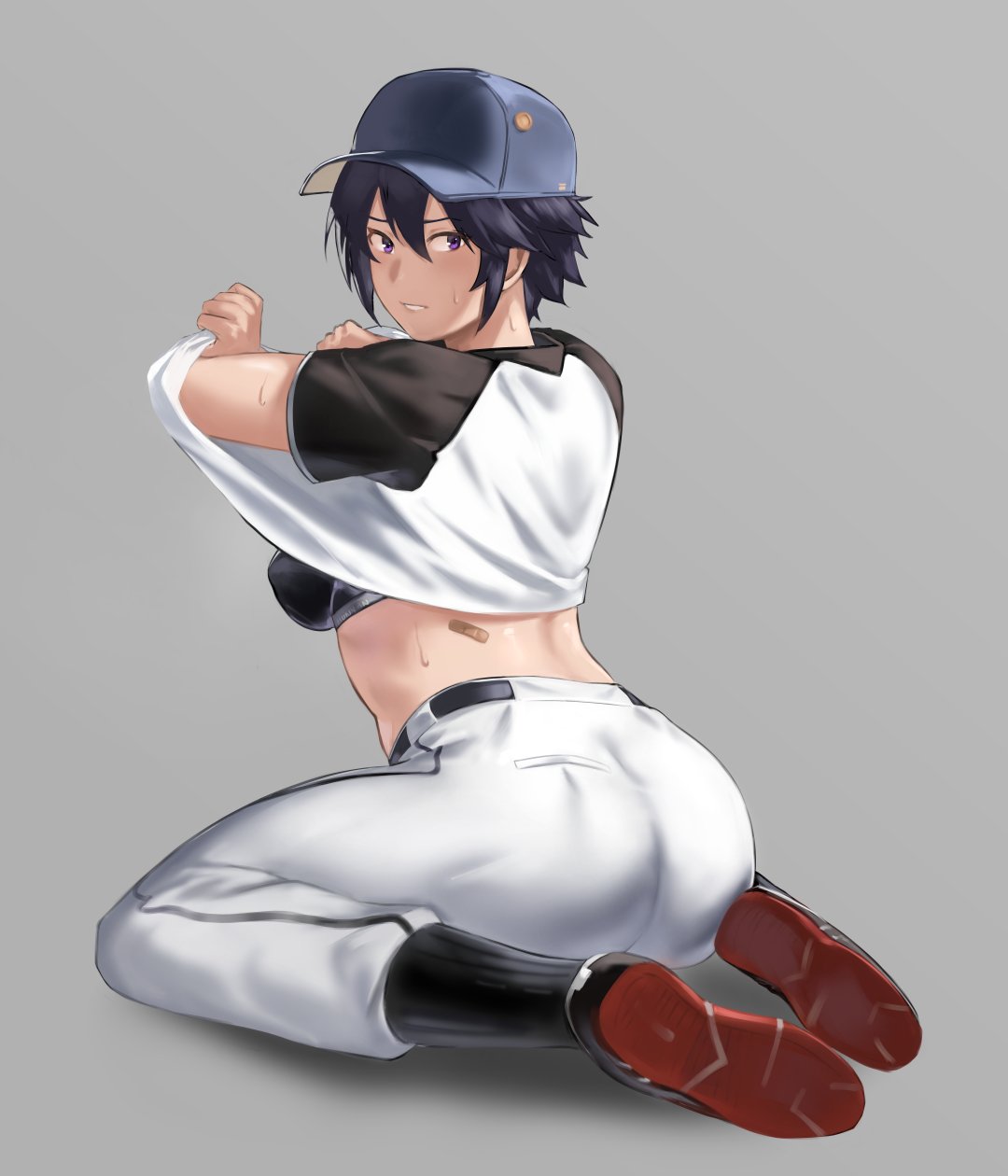 1girl ass bandaid baseball_cap baseball_uniform black_hair grey_background hat highres hun_yan looking_at_viewer midriff original seiza shadow shirt shoes short_hair simple_background sitting sports_bra sportswear sweat undressing white_shirt