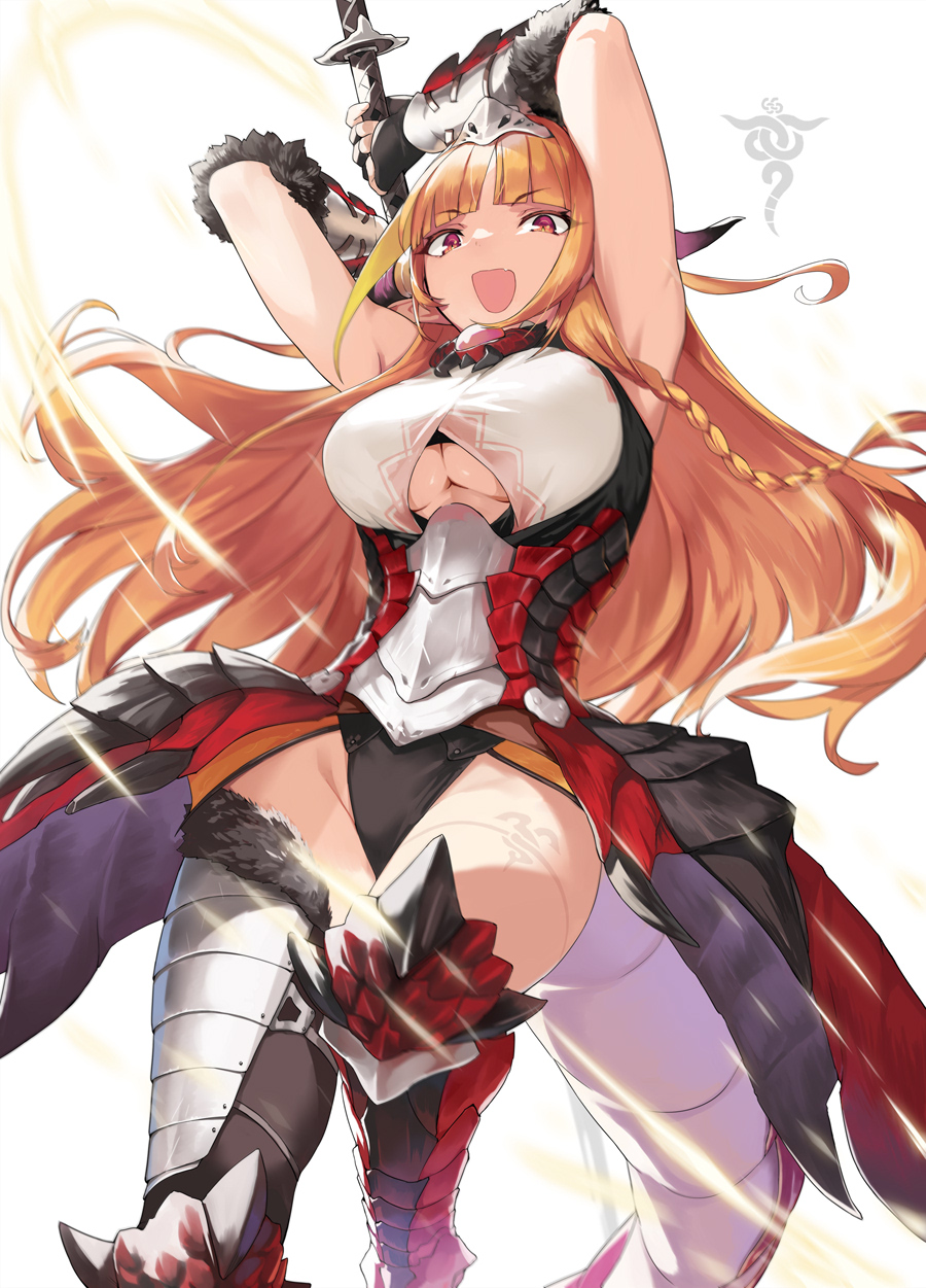 1girl armor armored_dress armpits arms_behind_head arms_up bangs bare_shoulders breasts clothing_cutout dragon_girl dragon_horns dress fur_trim gauntlets greaves headpiece highleg highres hololive horns kiryu_coco large_breasts long_hair looking_at_viewer monster_hunter_(series) ohland open_mouth orange_hair rathalos_(armor) red_dress smile sword tail thigh_tattoo thighs under_boob underboob_cutout violet_eyes virtual_youtuber weapon