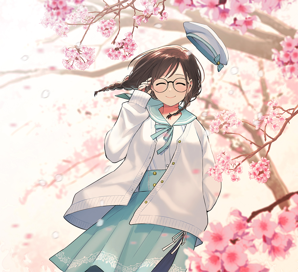 1girl black-framed_eyewear blurry blurry_background blush braid brown_hair cardigan cherry_blossoms closed_eyes closed_mouth flower glasses green_sailor_collar green_skirt hanabasami_kyou hand_in_hair hat long_hair long_sleeves morifumi pleated_skirt re:act sailor_collar school_uniform serafuku shirt skirt smile solo standing tree tree_branch uniform white_cardigan white_headwear white_shirt