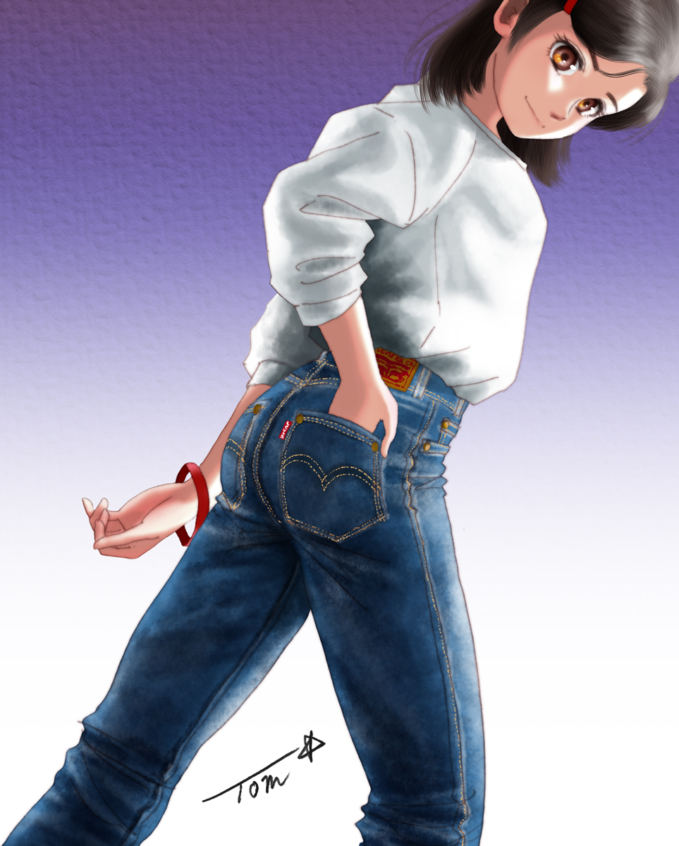 1girl ass black_hair blue_pants bracelet brown_eyes chutohampa denim gradient gradient_background hair_ornament hairclip highres jeans jewelry levi's long_sleeves original pants purple_background shirt shirt_tucked_in short_hair signature smile solo white_background white_shirt