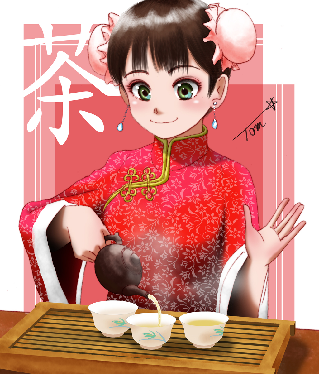1girl bangs blush brown_hair bun_cover china_dress chinese_clothes chutohampa cup double_bun dress floral_print green_eyes hand_up highres original pouring print_dress red_background red_dress shadow signature smile solo teacup teapot